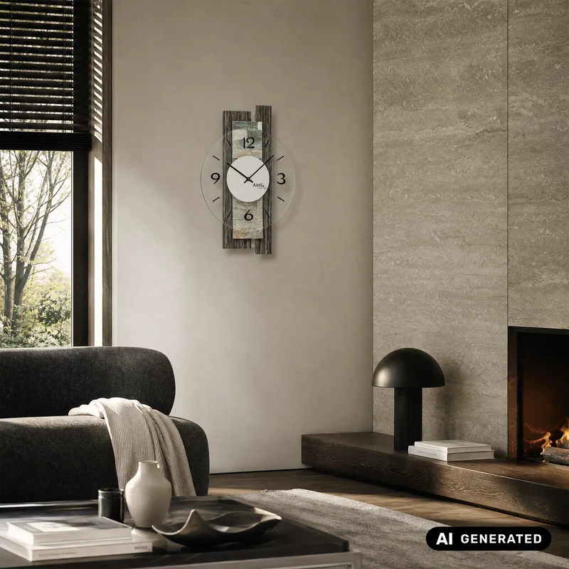 AMS W9544 Wanduhr Holzdekor/Naturstein • Mineralglas mit Facettenschliff • Quarzwerk