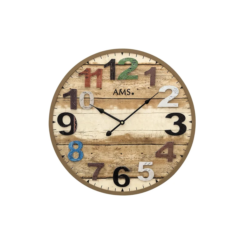 AMS Quarz-Wanduhr W9539 Wanduhr Braun Antik • Großes Holzgehäuse • Aufgelegte Zahlen