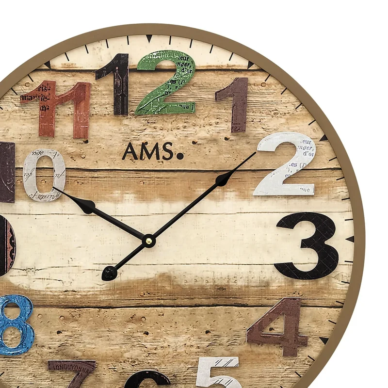 AMS Quarz-Wanduhr W9539 Wanduhr Braun Antik • Großes Holzgehäuse • Aufgelegte Zahlen