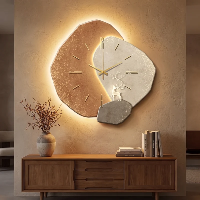 Houten Wandklok Woonkamer met LED Achtergrondverlichting Stil Uurwerk | Sansoti
