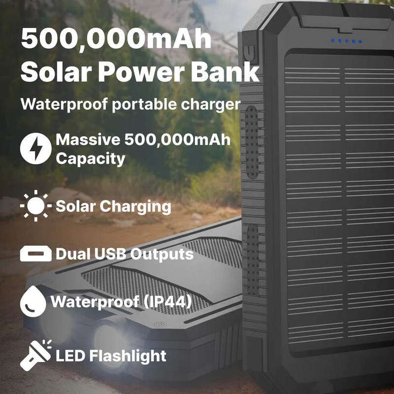 Solar Powerbank Camping 500000mAh Waterdicht Externe Accu met Dual USB en LED Zaklamp voor Onderweg | Sansoti