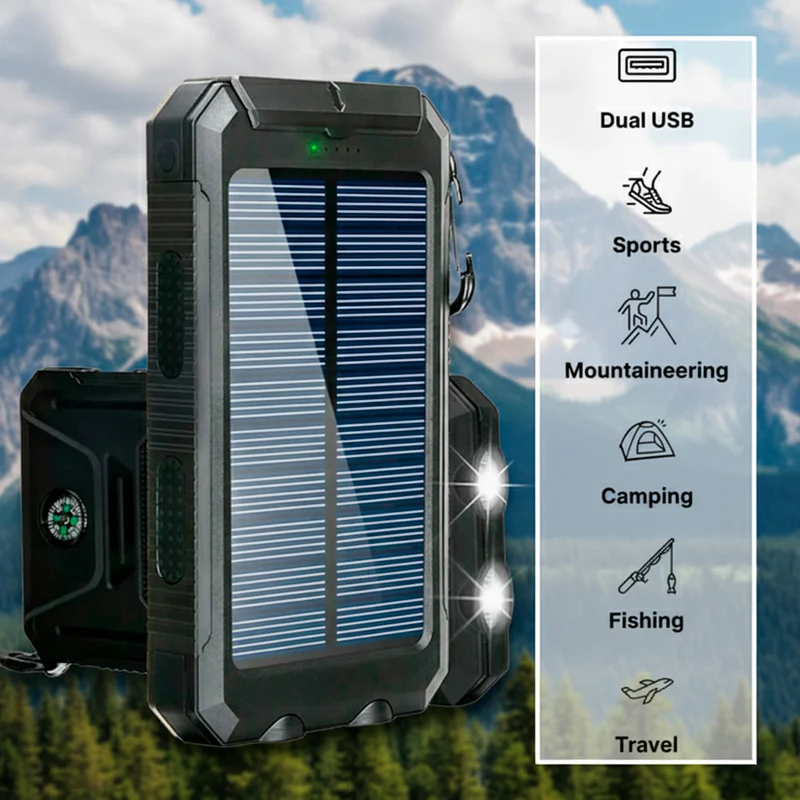 Solar Powerbank Camping 500000mAh Waterdicht Externe Accu met Dual USB en LED Zaklamp voor Onderweg | Sansoti