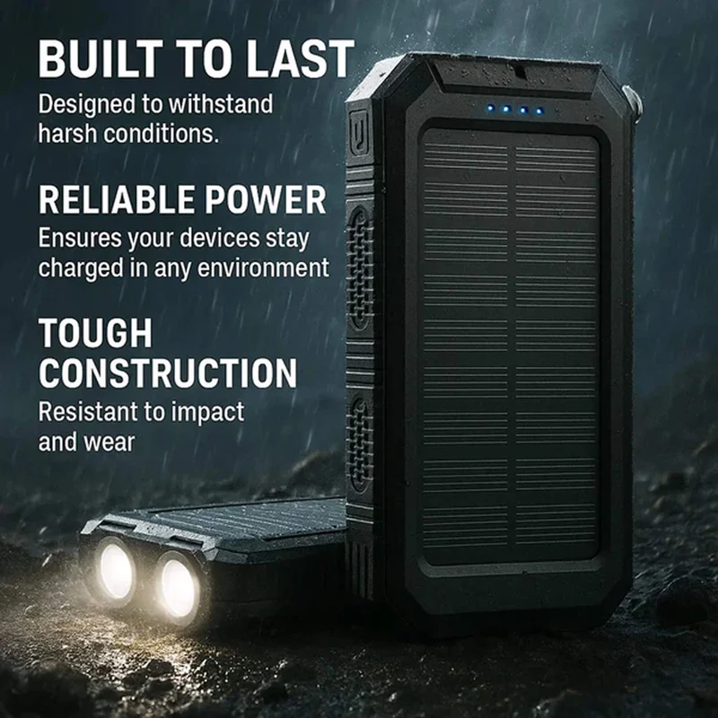 Solar Powerbank Camping 500000mAh Waterdicht Externe Accu met Dual USB en LED Zaklamp voor Onderweg | Sansoti