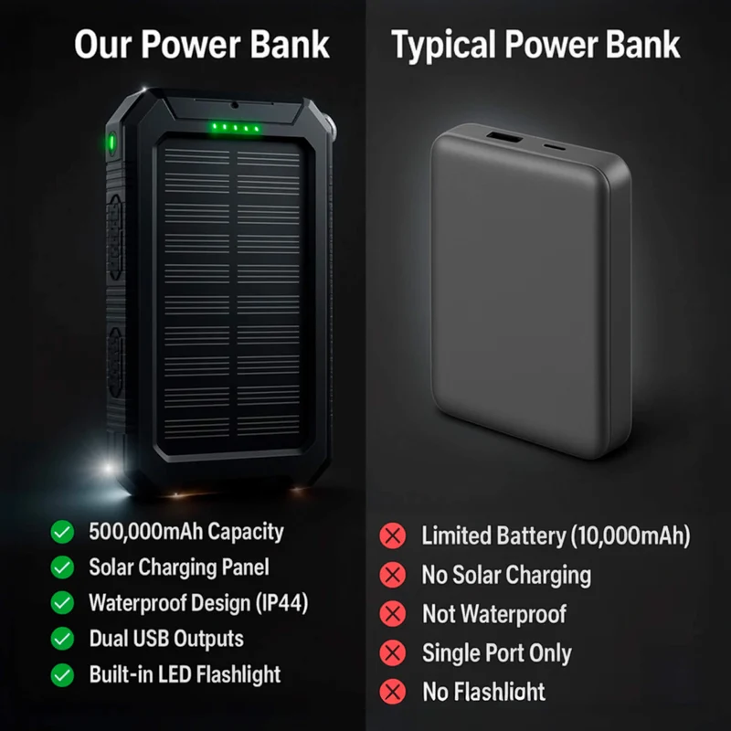 Solar Powerbank Camping 500000mAh Waterdicht Externe Accu met Dual USB en LED Zaklamp voor Onderweg | Sansoti