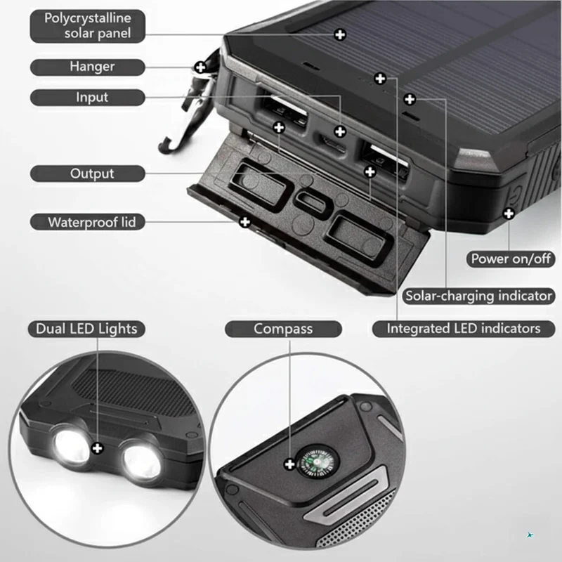 Solar Powerbank Camping 500000mAh Waterdicht Externe Accu met Dual USB en LED Zaklamp voor Onderweg | Sansoti