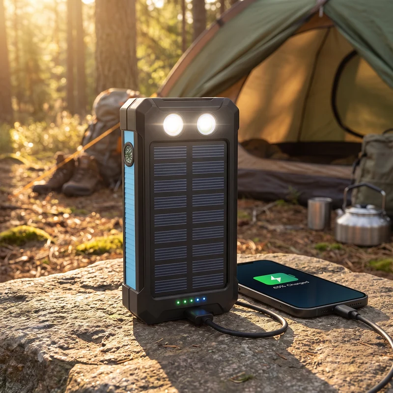 Solar Powerbank Camping 500000mAh Waterdicht Externe Accu met Dual USB en LED Zaklamp voor Onderweg | Sansoti