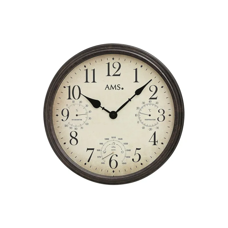 AMS W9463 Wanduhr Braun • Temperatur-, Feuchtigkeits- und Luftdruckanzeige • Metallgehäuse mit Mineralglas