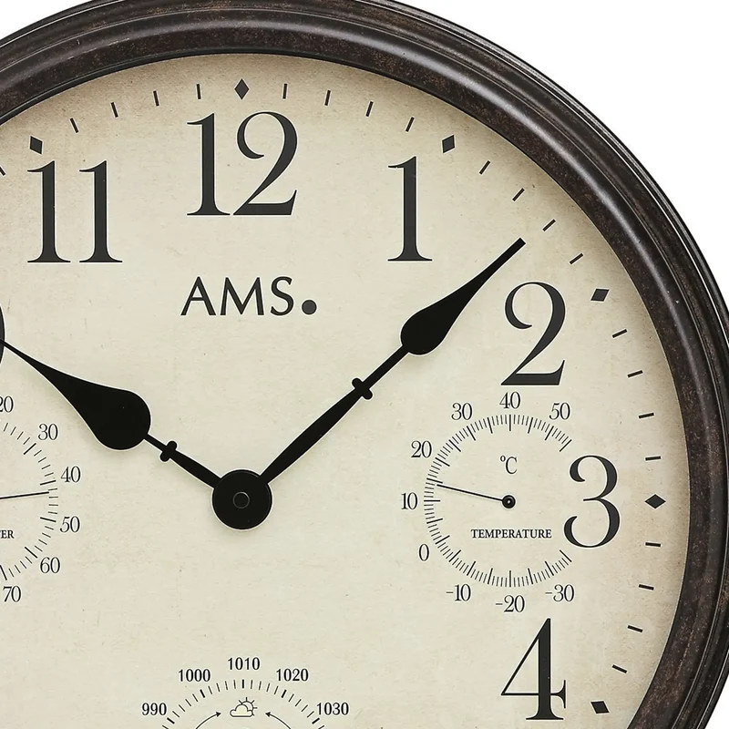 AMS W9463 Wanduhr Braun • Temperatur-, Feuchtigkeits- und Luftdruckanzeige • Metallgehäuse mit Mineralglas