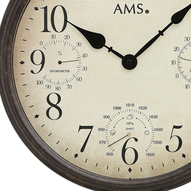 AMS W9463 Wanduhr Braun • Temperatur-, Feuchtigkeits- und Luftdruckanzeige • Metallgehäuse mit Mineralglas