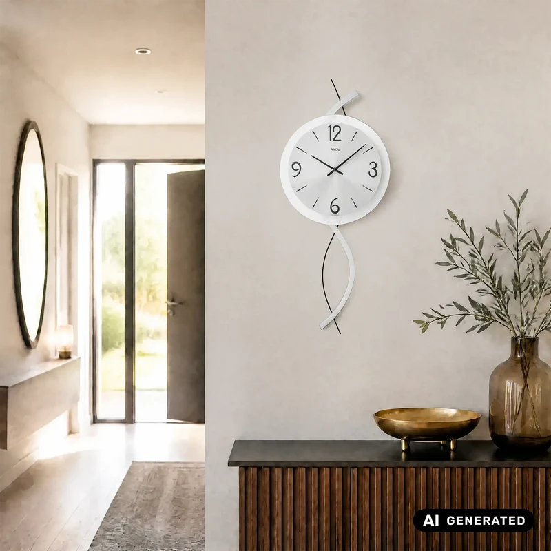 AMS W9718 Wanduhr • Holzgehäuse mit Metallzierelement • Facettiertes Mineralglas