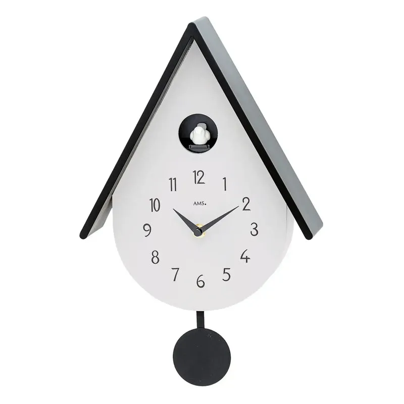 AMS W7510 Wanduhr Hellgrau • Quarz-Pendelwerk mit Kuckucksruf • Modernes Kuckucksuhr-Design
