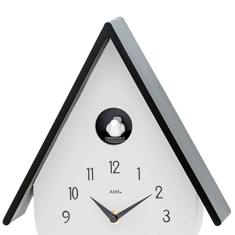 AMS W7510 Wanduhr Hellgrau • Quarz-Pendelwerk mit Kuckucksruf • Modernes Kuckucksuhr-Design