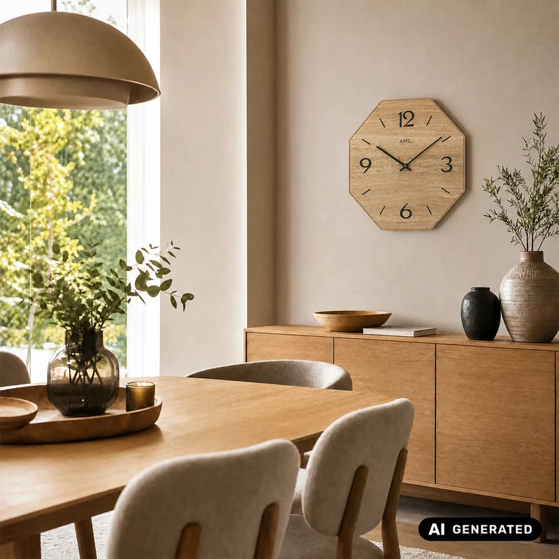 AMS W9714 Wanduhr Naturholz • Achteckiges Holzgehäuse • Präzises Quarzwerk
