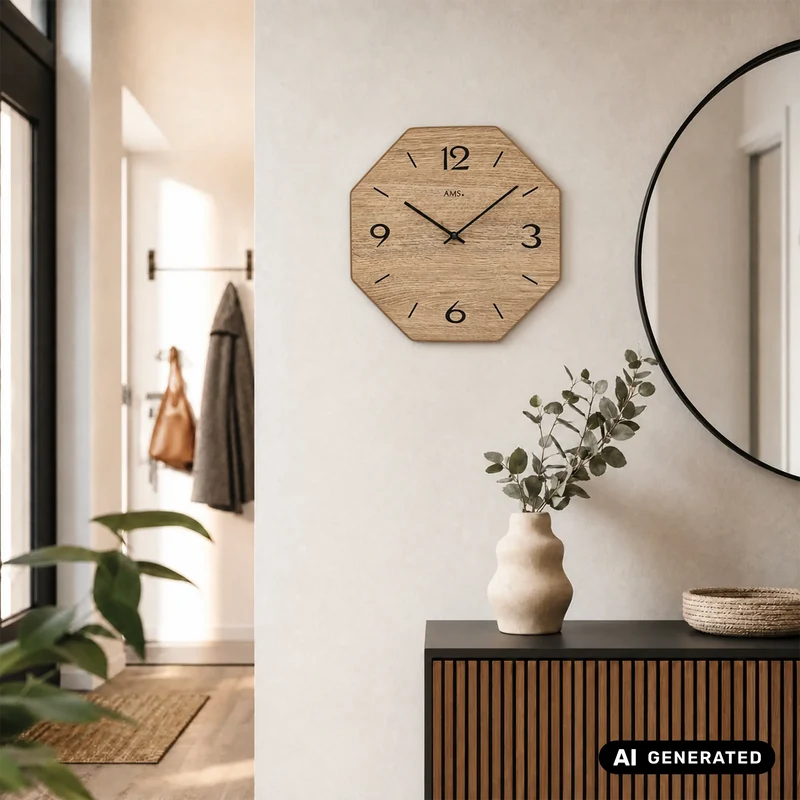 AMS W9714 Wanduhr Naturholz • Achteckiges Holzgehäuse • Präzises Quarzwerk