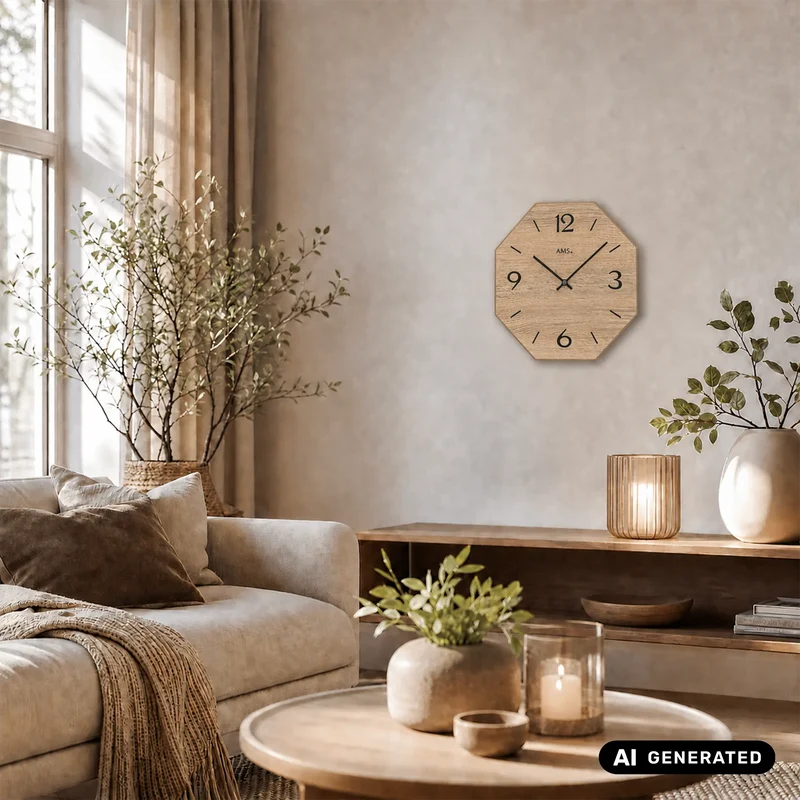 AMS W9714 Wanduhr Naturholz • Achteckiges Holzgehäuse • Präzises Quarzwerk