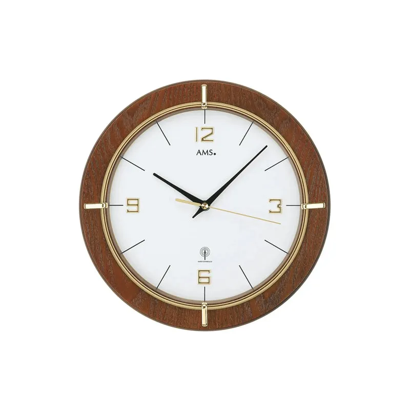 AMS W9432 Wanduhr Nussbaum • Goldfarben bedrucktes Mineralglas • Aufgelegte Zahlen