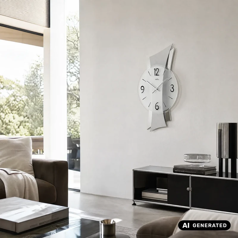 AMS Remini W9398 Wanduhr Aluminium • Geschwungene Aluminium-Auflage • Mineralglas Made in Germany