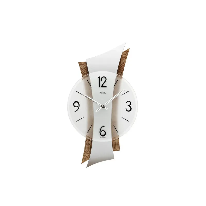 AMS Quarz-Wanduhr W9401 Wanduhr Silber/Braun • Metallauflage auf Holzstruktur • Made in Germany