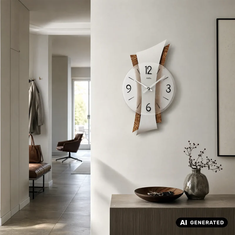 AMS Quarz-Wanduhr W9401 Wanduhr Silber/Braun • Metallauflage auf Holzstruktur • Made in Germany