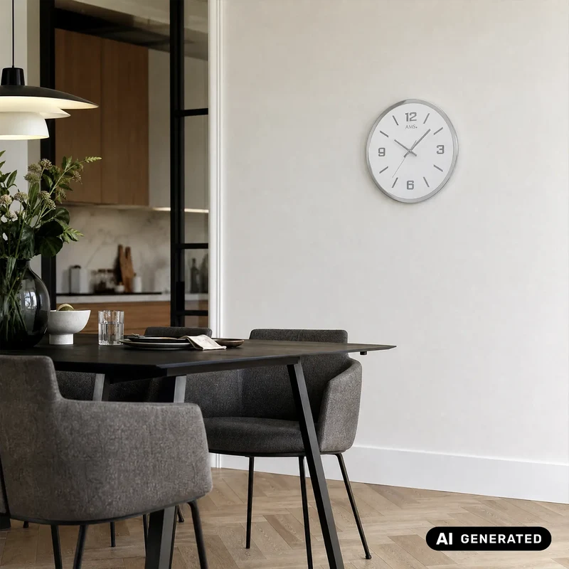 AMS W9322 Wanduhr Schwarz • Quarzwerk mit Schleichsekunde • Facettiertes Spiegelglas