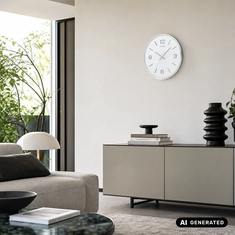 AMS W9322 Wanduhr Schwarz • Quarzwerk mit Schleichsekunde • Facettiertes Spiegelglas
