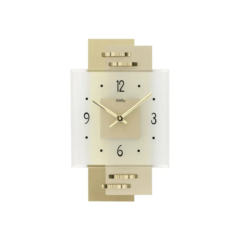 AMS Quarz-Wanduhr W9241 Wanduhr Gold • Holzrückwand mit Messing-Auflagen • Mineralglas Made in Germany