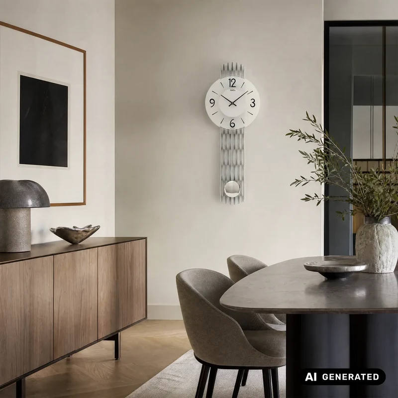 AMS W7506 Wanduhr Silber • Quarz-Pendelwerk • Feingefrästes Holzgehäuse