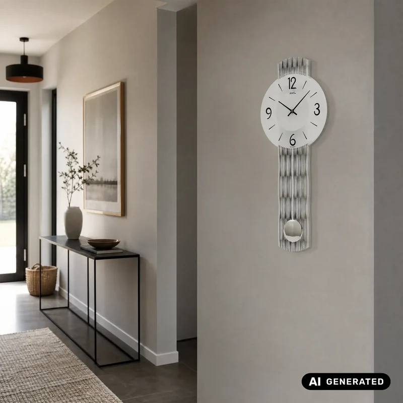 AMS W7506 Wanduhr Silber • Quarz-Pendelwerk • Feingefrästes Holzgehäuse