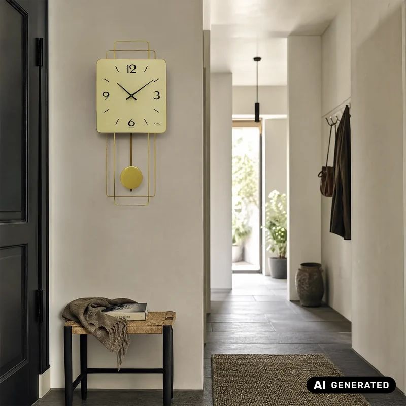 AMS W7501 Wanduhr Messing • Quarz-Pendelwerk • Holzgehäuse mit Messing-Design