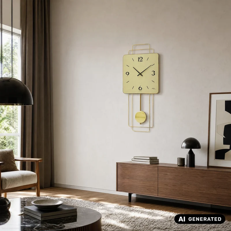 AMS W7501 Wanduhr Messing • Quarz-Pendelwerk • Holzgehäuse mit Messing-Design