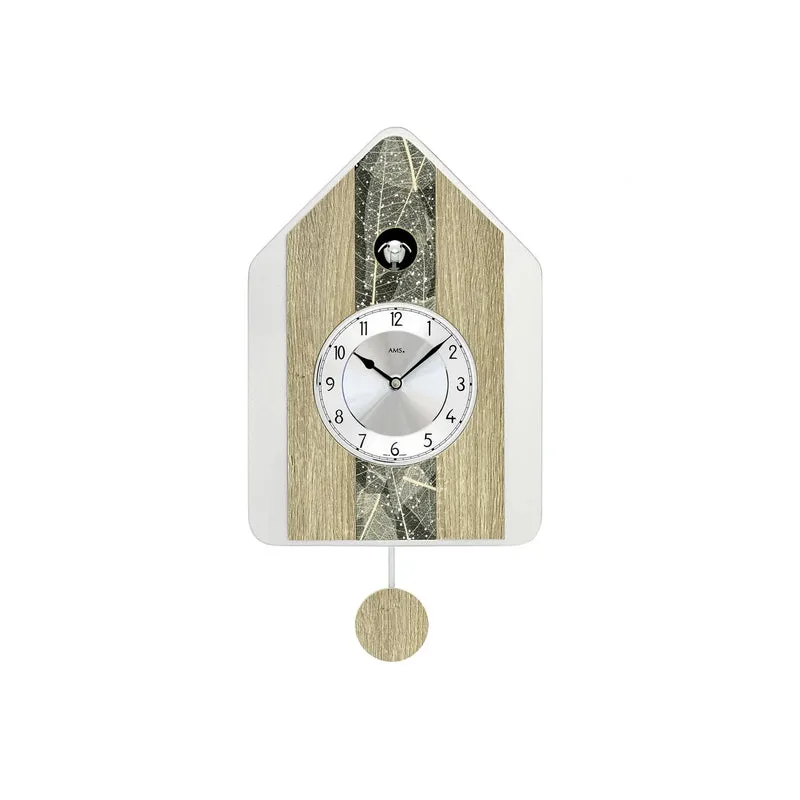 AMS W7499 Wanduhr Natur-Baumblatt • Quarz-Pendelwerk mit Kuckuck • Automatische Nachtabschaltung