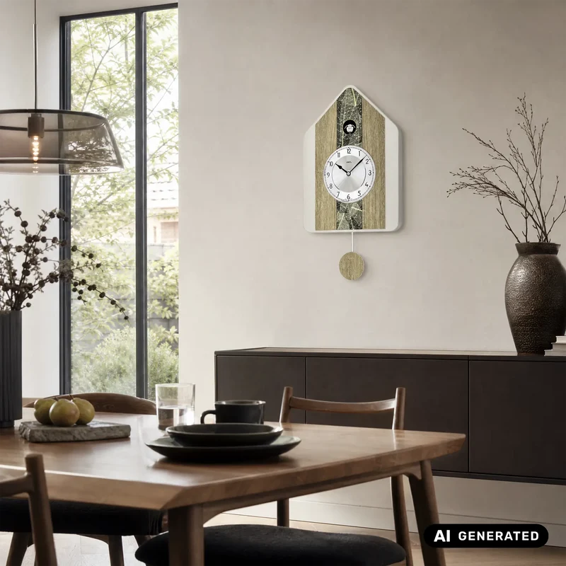 AMS W7499 Wanduhr Natur-Baumblatt • Quarz-Pendelwerk mit Kuckuck • Automatische Nachtabschaltung