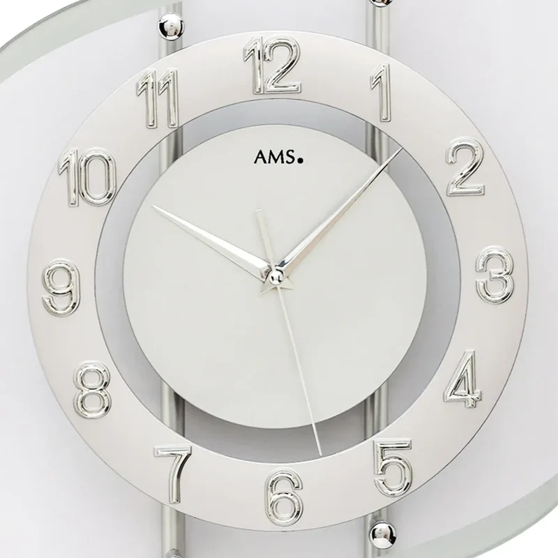 AMS F5506Q Wanduhr Silber • Mineralglas mit Zahlenring • Metallgehäuse
