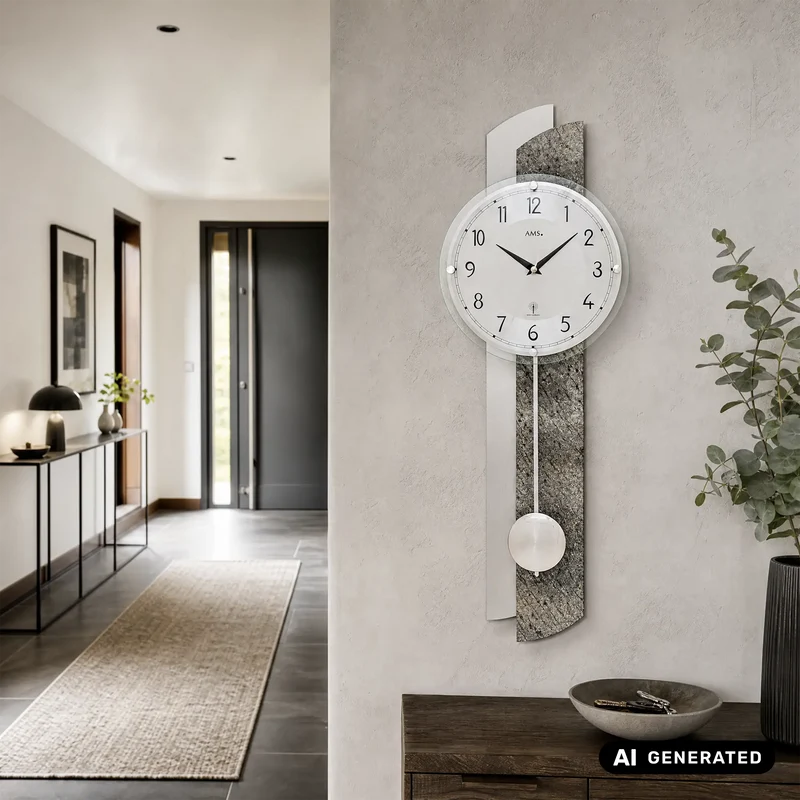AMS F5322 Wanduhr Silber Antik • Funk-Pendelwerk • Gewölbtes Mineralglas