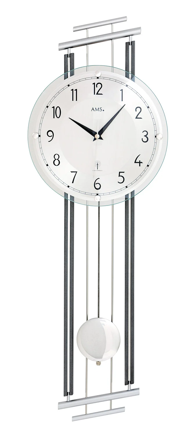 AMS Funk-Pendeluhr F5316 Wanduhr Silber • Funk-Pendelwerk • Mineralglas