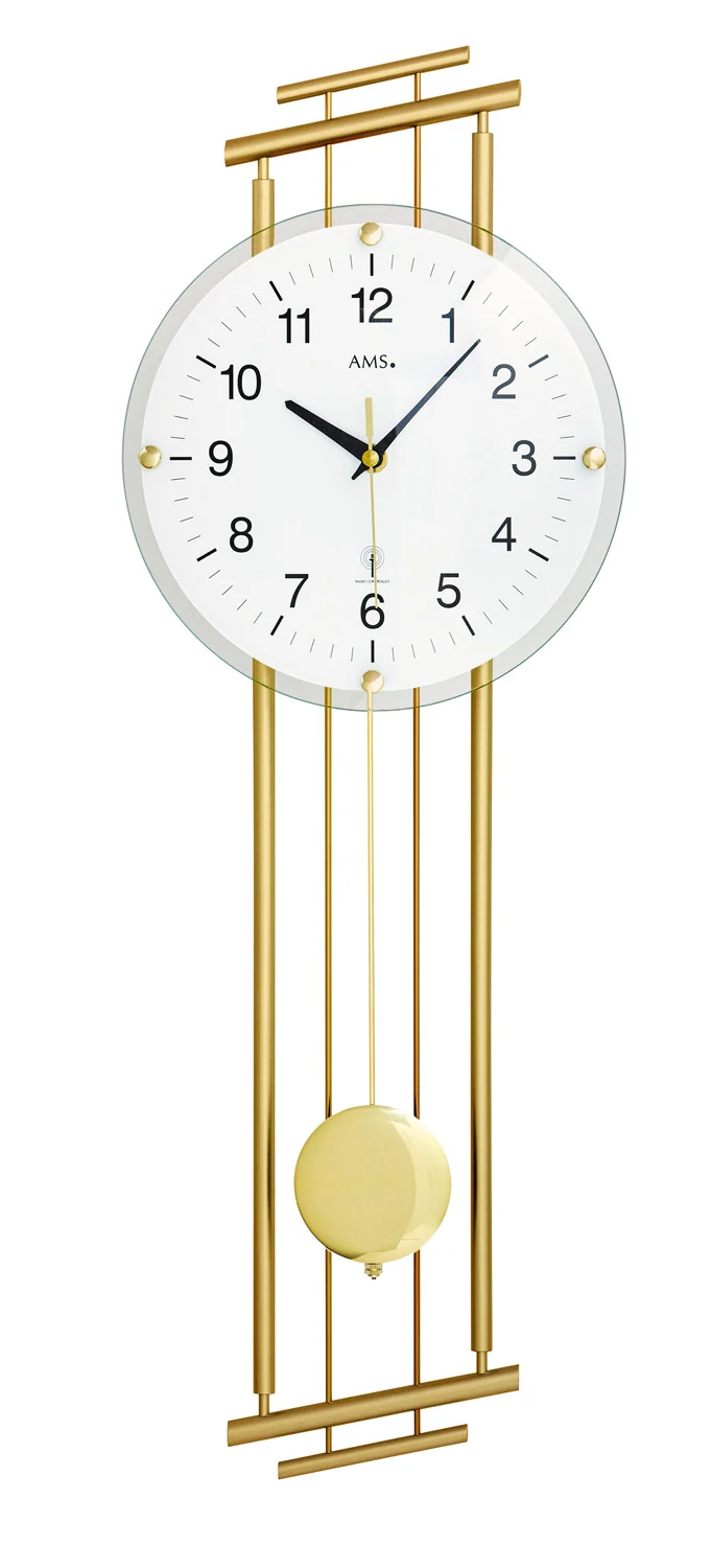 AMS Funk-Pendeluhr F5315 Wanduhr Messing • Funk-Pendelwerk • Gewölbtes Mineralglas