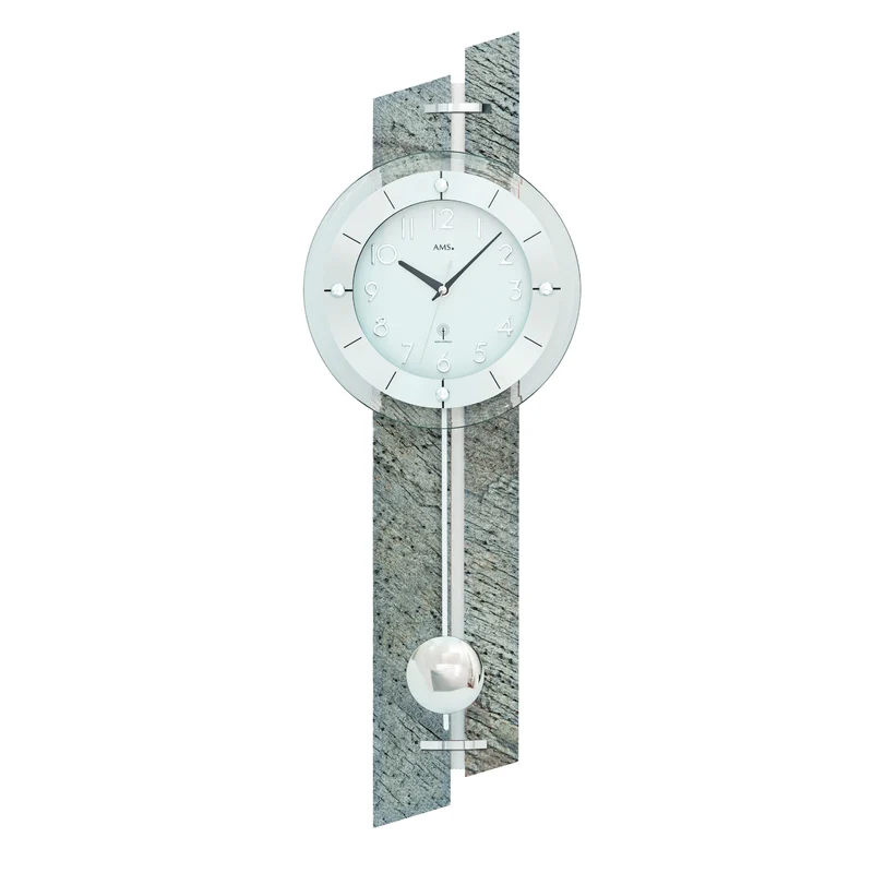 AMS F5306 Wanduhr Alu/Steinauflage • Funk-Pendelwerk • Facettiertes Mineralglas