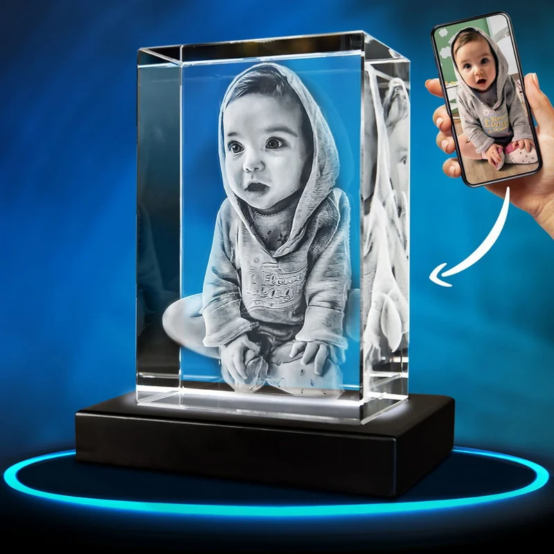 Gepersonaliseerd 2D/3D Kristal Gedenkkristal met Eigen Foto – Verlicht Herinneringsblok met Houten Voet | Sansoti