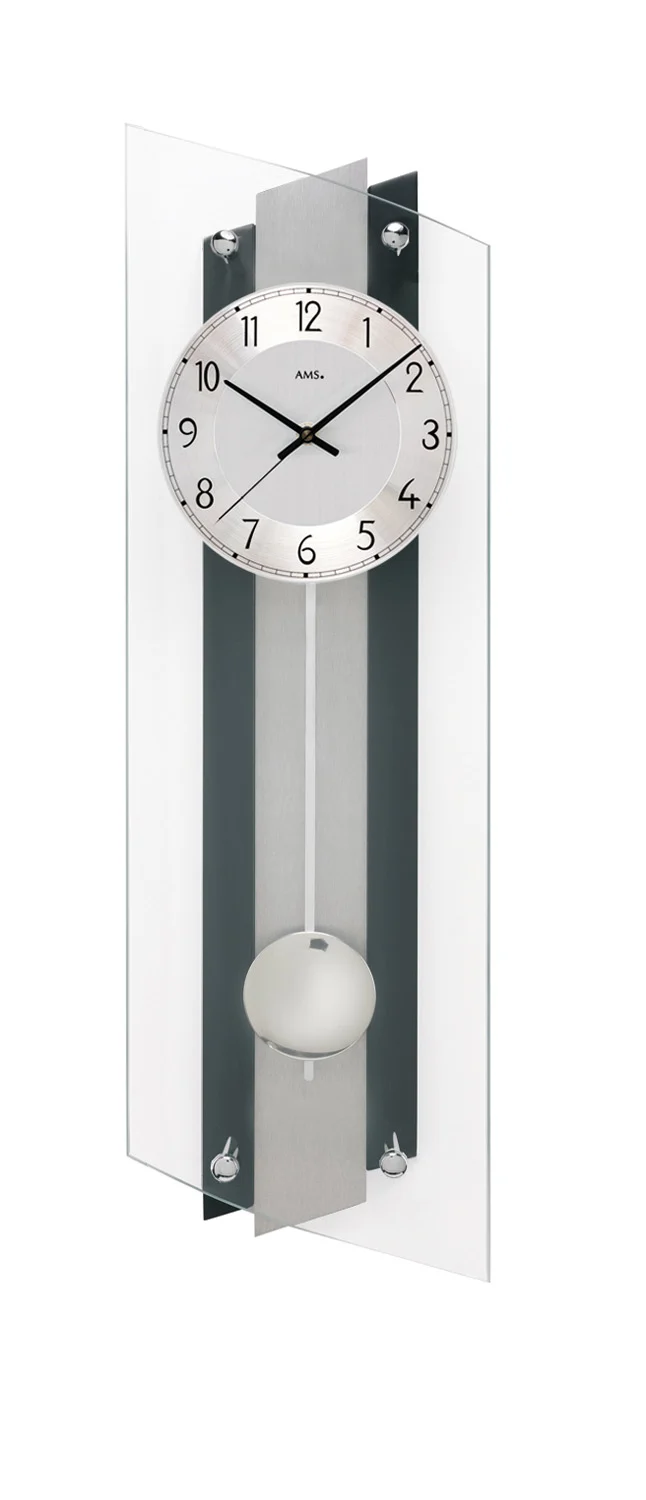 AMS Pendeluhr F5262Q Wanduhr Schwarz • Quarz-Pendelwerk • Geschwungenes Mineralglas