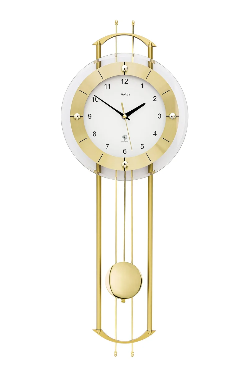 AMS Funk-Pendelwanduhr F5257 Wanduhr Messing • Funkuhrwerk • Facettiertes Mineralglas