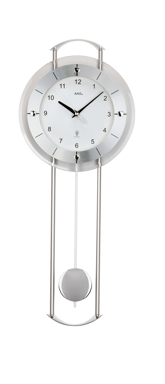 AMS Steyr II F5254 Wanduhr Silber • Funk-Pendeluhr • Facettiertes Mineralglas