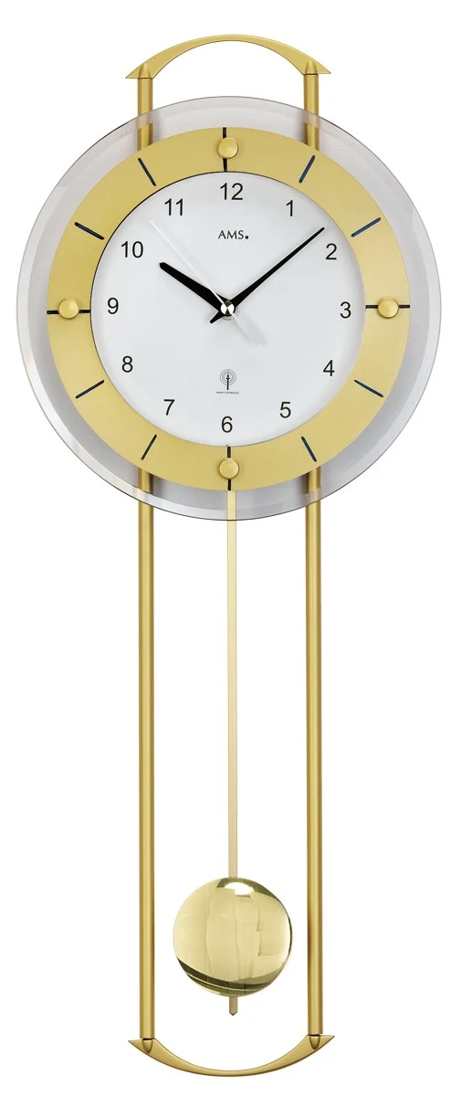 AMS Steyr F5255 Wanduhr Gold • Funk-Pendeluhr • Facettiertes Mineralglas