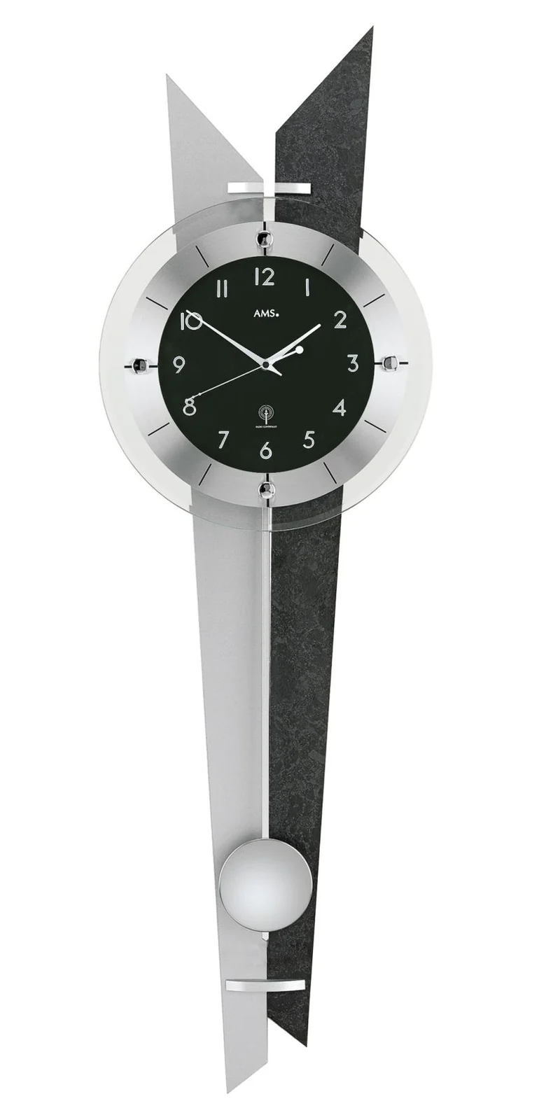 AMS Funk-Pendeluhr F5253 Wanduhr Schiefer/Silber • Funkpendelwerk • Facettiertes Mineralglas
