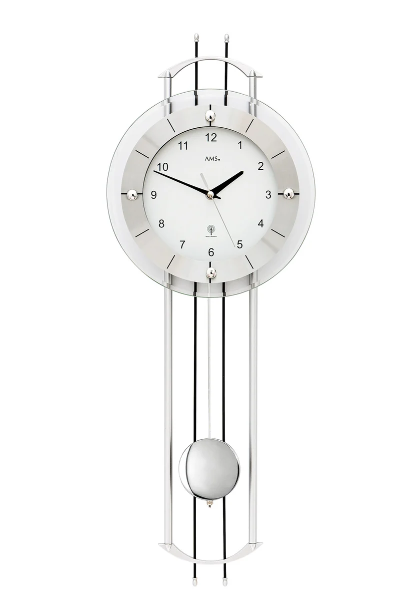 AMS F5248 Wanduhr Silber/Schwarz • Funk-Pendelwerk • Facettiertes Mineralglas