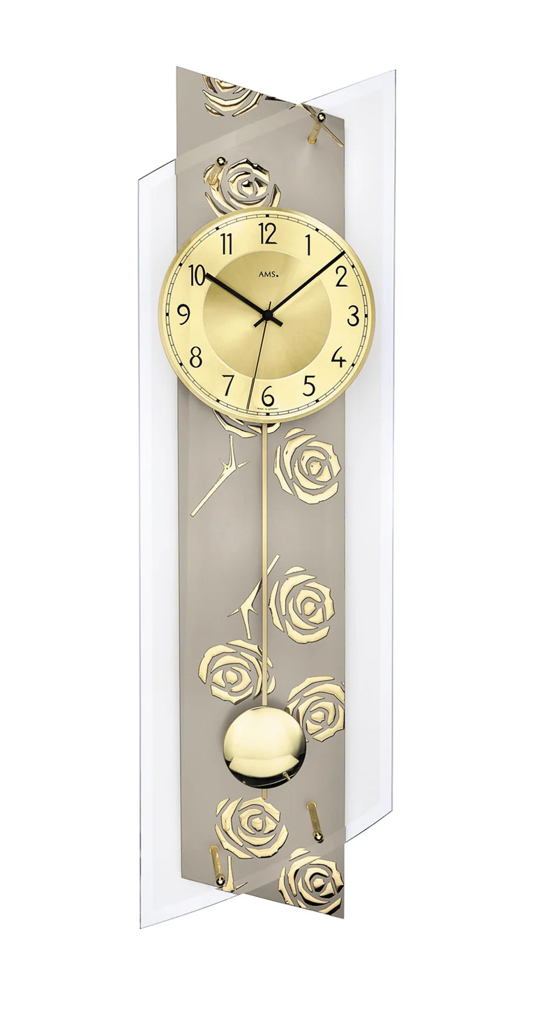 AMS F5223Q Pendel-Wanduhr Silber • Quarz-Pendelwerk • Facettgeschliffenes Mineralglas