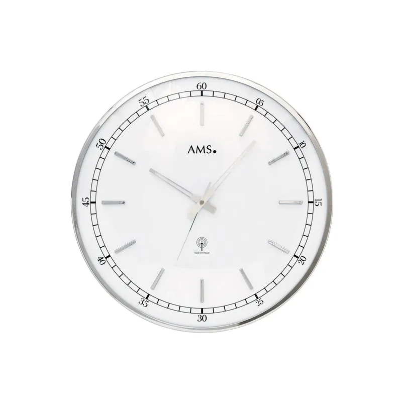 AMS F5608 Wanduhr Silber • Funkwerk • Gewölbtes Mineralglas