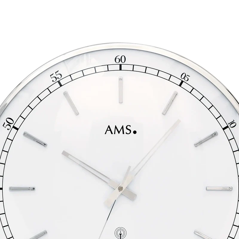 AMS F5608 Wanduhr Silber • Funkwerk • Gewölbtes Mineralglas