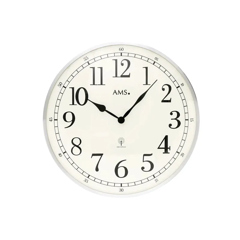 AMS F5606 Wanduhr Aluminium gebürstet • Funkwerk • Gewölbtes Mineralglas