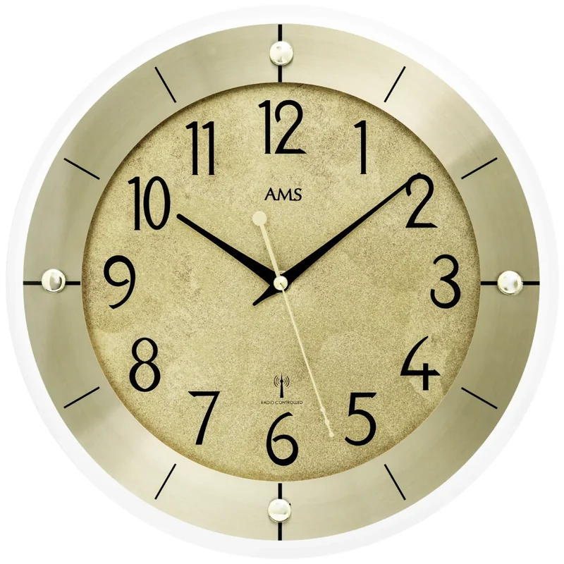AMS Funk-Wanduhr F5591 Wanduhr Messingantik • Facettiertes Mineralglas • Funkwerk