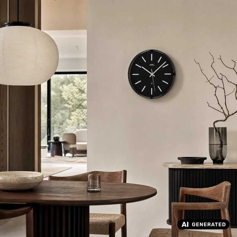 AMS F5586 Wanduhr Schwarz/Silber • Funkwerk • Aufgelegte Indices